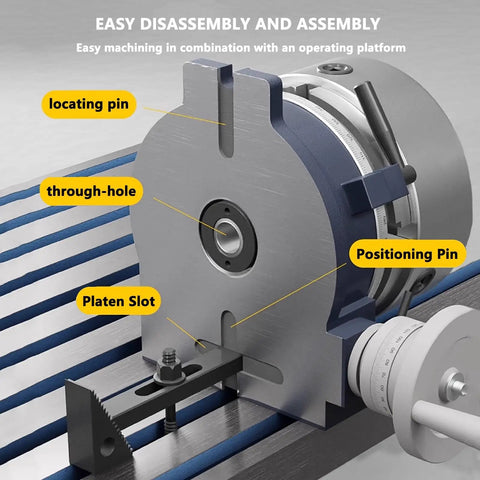 Close-up of the 10 Inch Heavy Duty Shop Rig Rotary Table Divider And Precision Indexing Head For Milling Machines showing locating pin and through-hole.