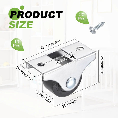 Legit Heavy Duty Ten Pack One Inch Black Nylon Mini Plate Casters With Screw Mount Metal Brackets, showing dimensions and design.