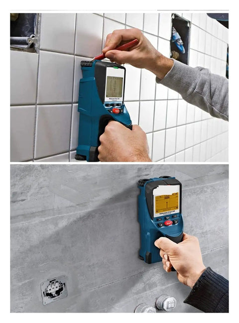 Hands using Professional Wall Scanner And Stud Finder With Dead On Depth Tracking Rebar Wire Pipe Sensor And Quick Layout Tool.