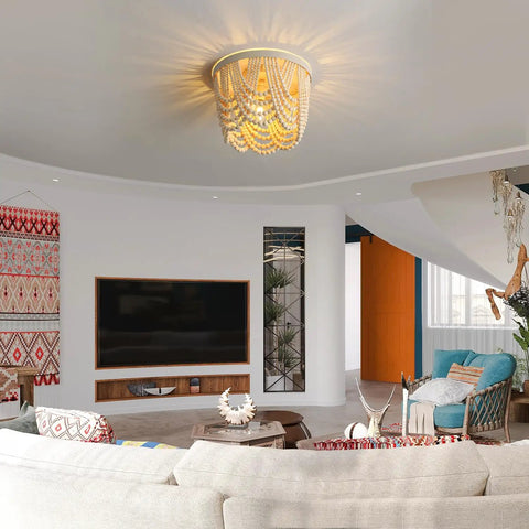 Boho Wood Beaded 3-Light Chandelier Ceiling Fixture Recessed Mounted Antique Rustic Finish For Dining Room, Bedroom, Nursery, Hallway And Entryway Lighting illuminating a modern living room.