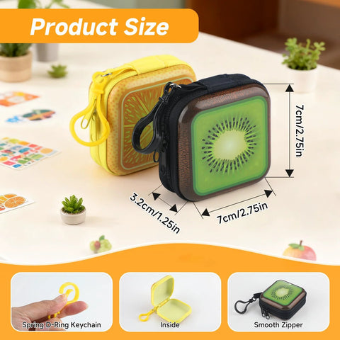 2-piece lens-wipe case set; square, green kiwi-illustration front with brown trim, yellow back, zippered with keychain ring.