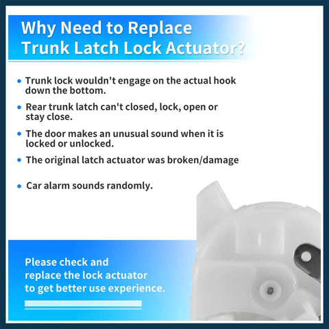 Image showing reasons to replace Plug And Play Rear Liftgate Door Lock Actuator For Subaru Crosstrek 2014 To 2023, highlighting issues.