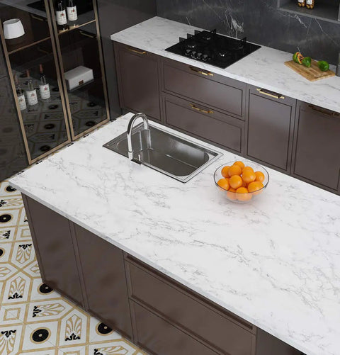 Easy DIY Ultra Thick Grey White Marble Peel And Stick Wallpaper 160 X 36 Inch on kitchen island countertop