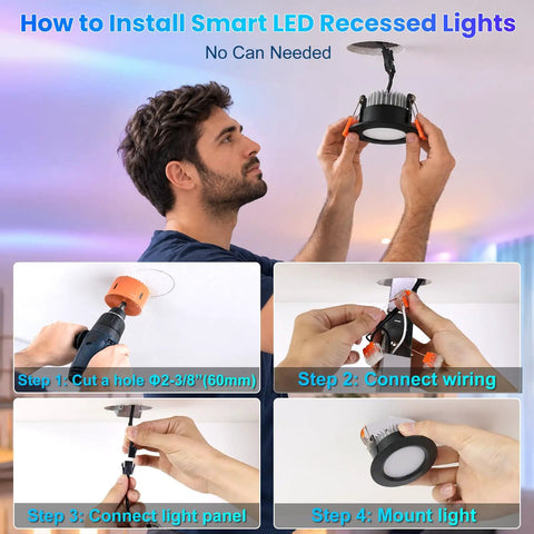 How to install 2 Inch Smart LED Recessed Lighting, 5W RGB Color Changing WiFi Downlight with step-by-step guide.
