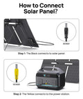 Connection guide for 600W Portable Power Station With 576Wh LiFePO4 Battery And 100W Foldable Solar Panel, showing solar plug instructions.