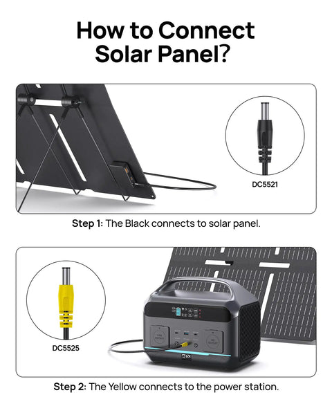 Connection guide for 600W Portable Power Station With 576Wh LiFePO4 Battery And 100W Foldable Solar Panel, showing solar plug instructions.