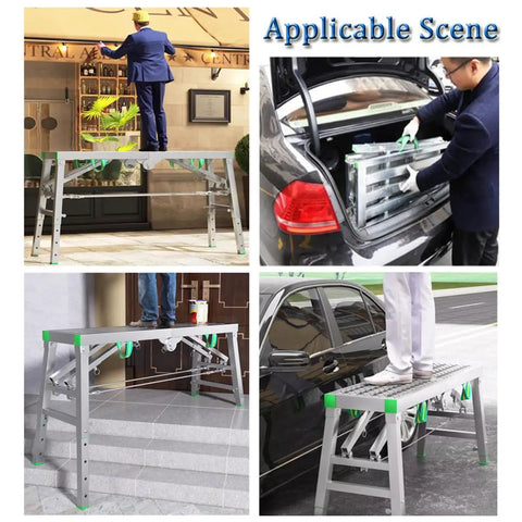 Heavy Duty Folding Scaffold Tower With Adjustable Height Work Platform for outdoor tasks and easy transport shown in four scenes.