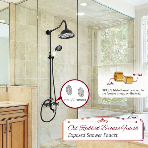 Oil Rubbed Bronze Shower System With 8 Inch Rain Shower Head Two Handle Brass Faucet Three Function Diverter Tub Spout Wall Mount
