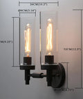 Rustic Industrial Wall Sconce Light With Tubular Clear Glass Lampshades, Matte Black Finish, Double Sconce Set, Wall Mounted