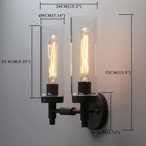 Rustic Industrial Wall Sconce Light With Tubular Clear Glass Lampshades, Matte Black Finish, Double Sconce Set, Wall Mounted