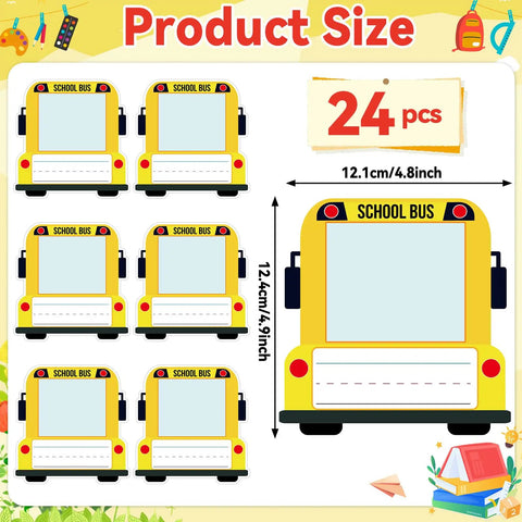 Bus Themed 24 Pack Kid Friendly School Name Plates For Desks And Cubbies Self Adhesive With Photo Space Back To School Classroom Decor Tags For Names And Photos Perfect For Bulletin Boards shown with size dimensions.