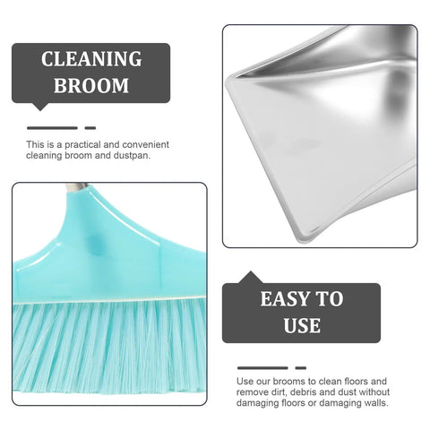 Heavy Duty Broom And Dustpan Set With Stand Up Broom Stainless Steel Anti Wind Dustpan For Home And Office Cleaning Easy Breezy Storage Lightweight And Durable For Quick Cleanups, teal broom bristles and stainless steel dustpan close-up