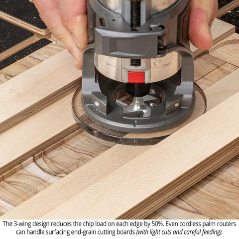Spoilboard Surfacing Router Bit One And One Half Inch Cut Diameter One Half Inch Shank Three Flute Carbide Insert CNC Bit in use on wood