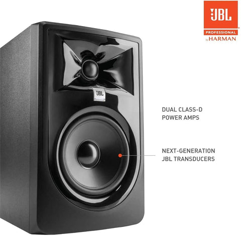 Close-up of Two 305P MkII 5 Inch 2-Way Active Studio Monitors with Image Control Waveguide and JBL branding.