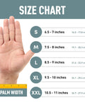 Size chart displaying palm width and hand sizes S to XXL for Tough As Nails Industrial Orange Nitrile Work Gloves.