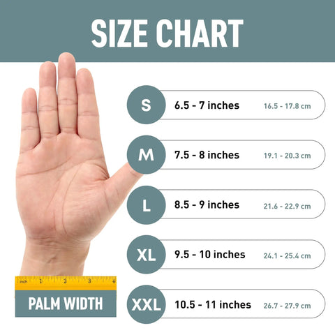 Size chart displaying palm width and hand sizes S to XXL for Tough As Nails Industrial Orange Nitrile Work Gloves.
