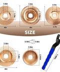 Diagram of 5 Piece Wood Carving Disc Set For 4 Inch Or 4.5 Inch Angle Grinders With Five Eighths Inch Arbor Universal Wrench