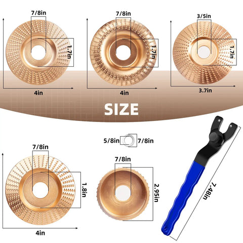 Diagram of 5 Piece Wood Carving Disc Set For 4 Inch Or 4.5 Inch Angle Grinders With Five Eighths Inch Arbor Universal Wrench