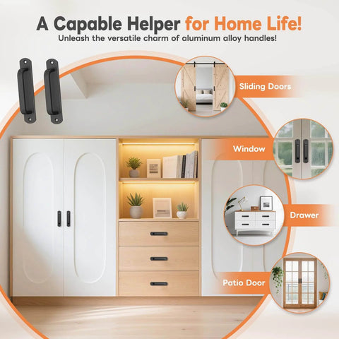 5.7 Inch Aluminum Sliding Barn Door Handle Set For Cabinets And Closets Sturdy Build Cabinet Pull For Drawers Garage Fence And Bunk Bed Safe Handrail With Comfortable Grip Rust Resistant And Long Lasting Black 2 Pack installed on cabinets and drawers in a home setting