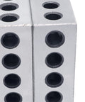 Pair of steel 1x2x3 precision blocks with 23 holes, front view