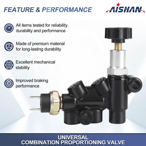Universal Adjustable Knob Proportioning Valve Kit For Brake Lines With Master Cylinder Adapter and OEM Replacement Parts 26011179 and 26013190 view showcasing durability and mechanical stability.