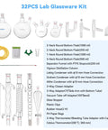 32 Piece Lab Glassware Kit For Distillation And Essential Oil Making With 24 40 Joint 1000ml Round Bottom Flask 1 Neck 250ml 2 Neck 1000ml 3 Neck 500ml Vigreux Column Liebig Condenser Thermometer Separator Funnel PTFE Stopcock And pH Paper displayed with accessories.
