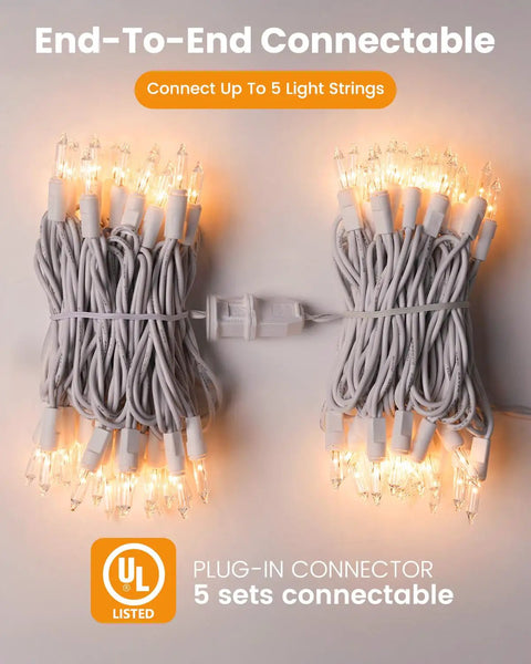 Clear Christmas Lights Set With 100 Mini Bulbs On White Wire 20 Feet Incandescent String Lights coiled with plug connector