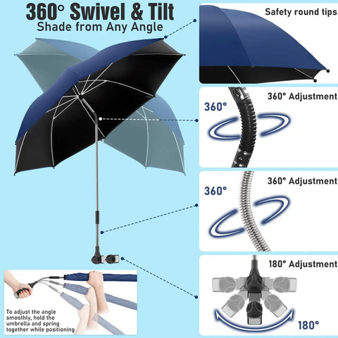 Two Pack Chair Beach Umbrellas With Clamp, 360 Degree Adjustable UPF50 Plus Sun Shade, Ink Blue with multiple adjustment features