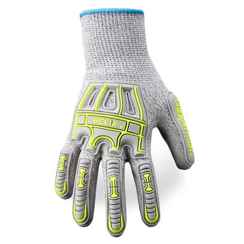 Impact Protection Safety Gloves With Polyurethane Palm Coating A4 Cut Level 13 Gauge Seamless Knit Touchscreen Compatible Helix 1074IMP Large Size Durable Grip For All Day Work, front view showing back-of-hand impact protection and seamless knit.
