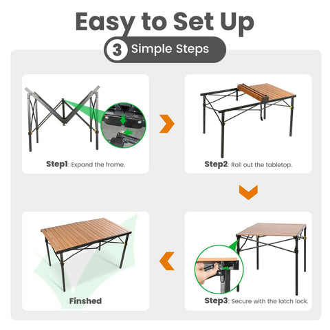 Setup steps for 46.4 Inch Large Camping Table For Two To Six People Beefy Built Heavy Duty Foldable Aluminum Roll Up Top