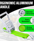 Badass 2 Inch Ratchet Tie Down Straps Heavy Duty Cargo Straps Packed With Double J Hook And 15 Foot Length close-up of ergonomic aluminum handle and strong webbing.