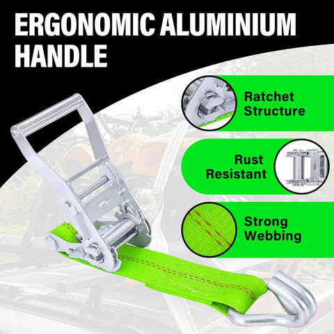 Badass 2 Inch Ratchet Tie Down Straps Heavy Duty Cargo Straps Packed With Double J Hook And 15 Foot Length close-up of ergonomic aluminum handle and strong webbing.