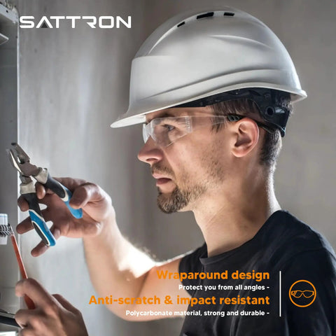 Worker wearing Clear Safety Glasses 24 Pack With Polycarbonate Lenses ANSI Z87.1 Anti-Scratch And Impact Resistant Eyewear.