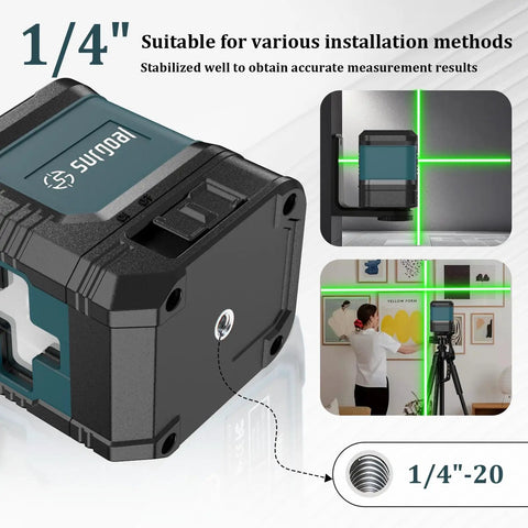 Bright Green Laser Level With USB C Charging, 100ft Auto Level Cross Line Tool showing 1/4 inch mounting options