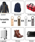 Image showing a variety of items including a jacket, backpack, duffel bag, luggage, shoes, wallet next to a 16 Piece Zipper Pull Replacement Set With Four Color Detachable Pullers For Luggage, Jackets, Backpacks, Bags, Suitcases And Shoes, Easy Clips, Stops, Locks, Tabs Repair Kit.