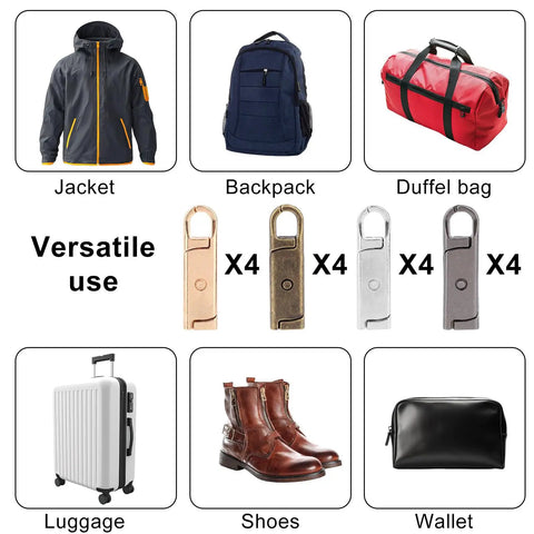Image showing a variety of items including a jacket, backpack, duffel bag, luggage, shoes, wallet next to a 16 Piece Zipper Pull Replacement Set With Four Color Detachable Pullers For Luggage, Jackets, Backpacks, Bags, Suitcases And Shoes, Easy Clips, Stops, Locks, Tabs Repair Kit.