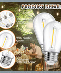 100 Pack LED Replacement Bulbs For Outdoor String Lights No Fuss Easy Install Shatterproof Waterproof Plastic Filament Bulbs With E26 Base Warm White Vintage Patio Lighting 110V Clear Bulbs displayed with transparent design, plastic cover, and E26 base features.