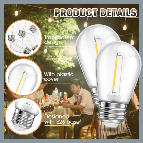 100 Pack LED Replacement Bulbs For Outdoor String Lights No Fuss Easy Install Shatterproof Waterproof Plastic Filament Bulbs With E26 Base Warm White Vintage Patio Lighting 110V Clear Bulbs displayed with transparent design, plastic cover, and E26 base features.