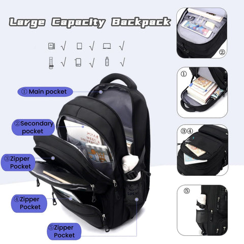 Black boys rolling backpack with wheels for school, showing large capacity and multi-pocket design with main, secondary, and front pockets.