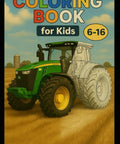 Tractor Coloring Book For Kids Ages 6 To 16 With Big Farm Machines And Trucks To Color, cover showing half-colored tractor