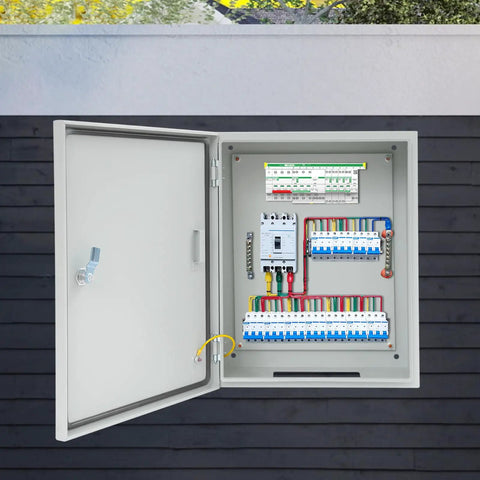 Durable Outdoor Electrical Box Lockable Enclosure, IP55 Waterproof NEMA Steel Case open showing interior wiring and components