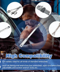 Mechanic using 15 Inch Wrench Extender Bar For Mechanics And DIYs Boost Torque In Tight Spaces Slim 15 Inch Open End Wrench Extender With Half Inch Hole Fits Half Inch Drive Wrenches in auto repair with compatible wrench images.