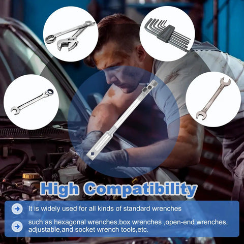 Mechanic using 15 Inch Wrench Extender Bar For Mechanics And DIYs Boost Torque In Tight Spaces Slim 15 Inch Open End Wrench Extender With Half Inch Hole Fits Half Inch Drive Wrenches in auto repair with compatible wrench images.