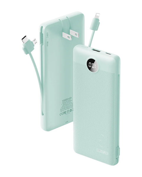 All In One 10000mAh Portable Charger With Built In Micro USB And Type C Cables And AC Wall Plug USB C Power Bank in mint color