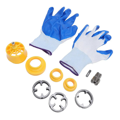 Components of the Senecesli Pvc Pipe Threader Kit including gloves, yellow fittings, and metal cuttings for easy use.
