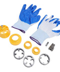 HaloVerde Electric Drill Pipe Threader Kit With 3 Dies For Pvc Pipes includes gloves, yellow die attachments, and metal components.