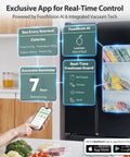 Woman using app to monitor 95kPa Vacuum Sealer With AquaLock Technology showing real-time freshness and nutrient tracking.