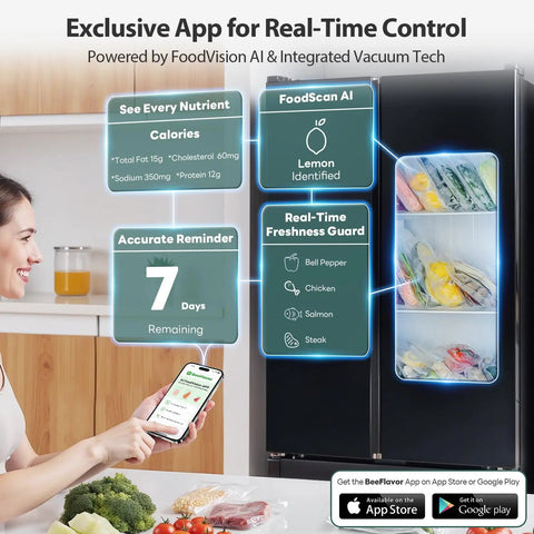Woman using app to monitor 95kPa Vacuum Sealer With AquaLock Technology showing real-time freshness and nutrient tracking.