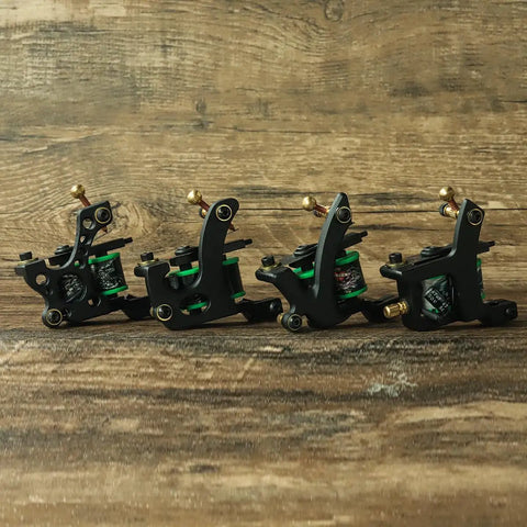 Four Coil Tattoo Machine Kit Set For Lining Shading And Coloring with green coils on wooden background