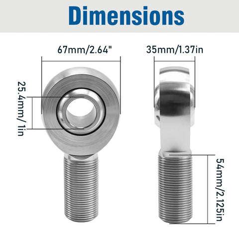Dimensions of 1 Inch Bore Heat Treated Chromoly Steel Heim Joint Rod End Kit with thread measurements and sizes.